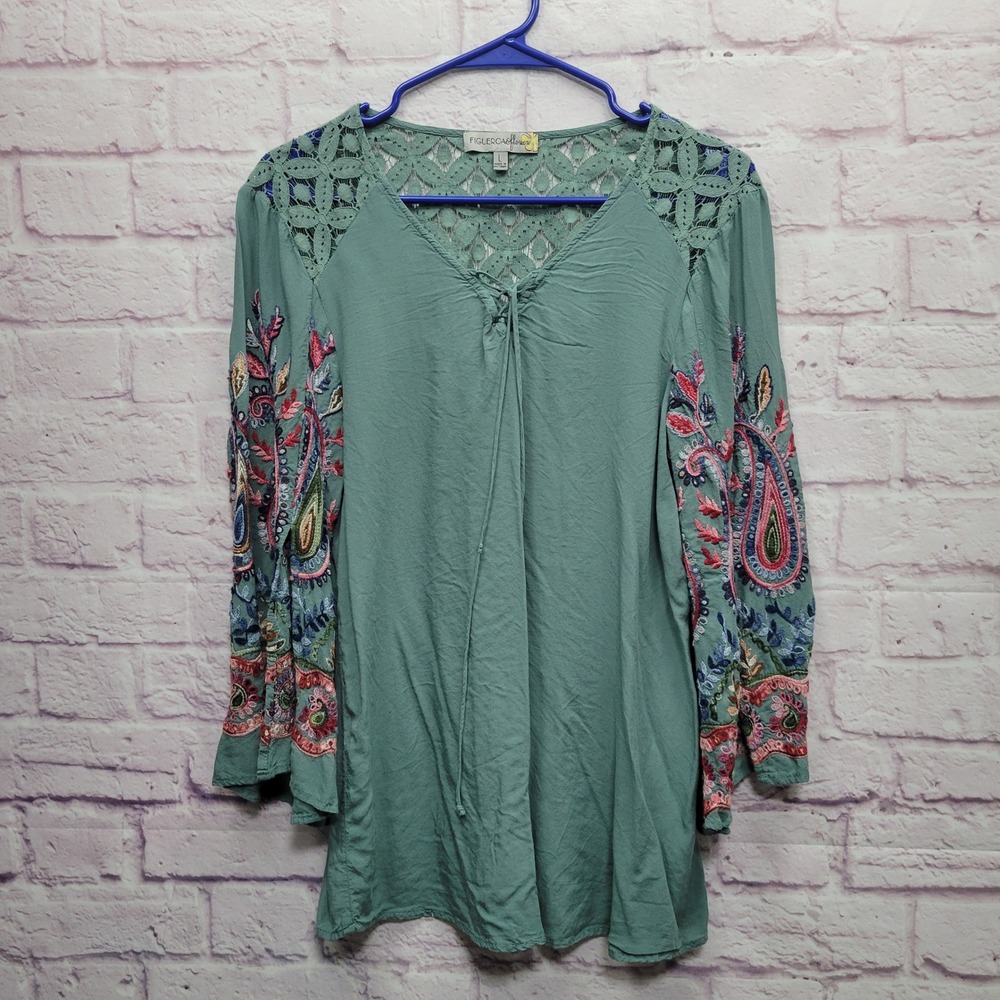 Bohemian Embroidered Crochet-Shoulder Blouse in Sage Green